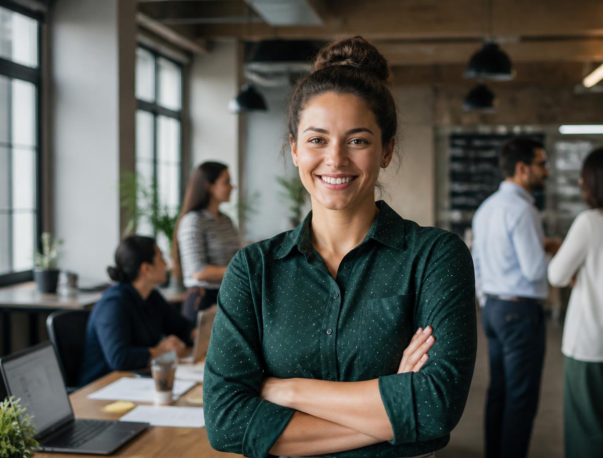 An operations manager smiling in an open plan office with colleagues working behind her
